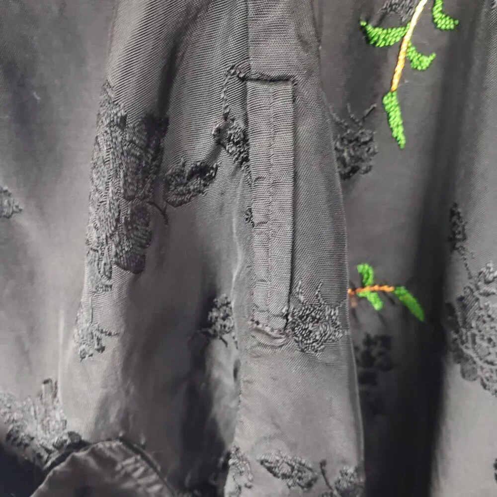 Golden Bee Vintage Black Silky Rayon Robe Kimono Embroidered Floral Bird Small